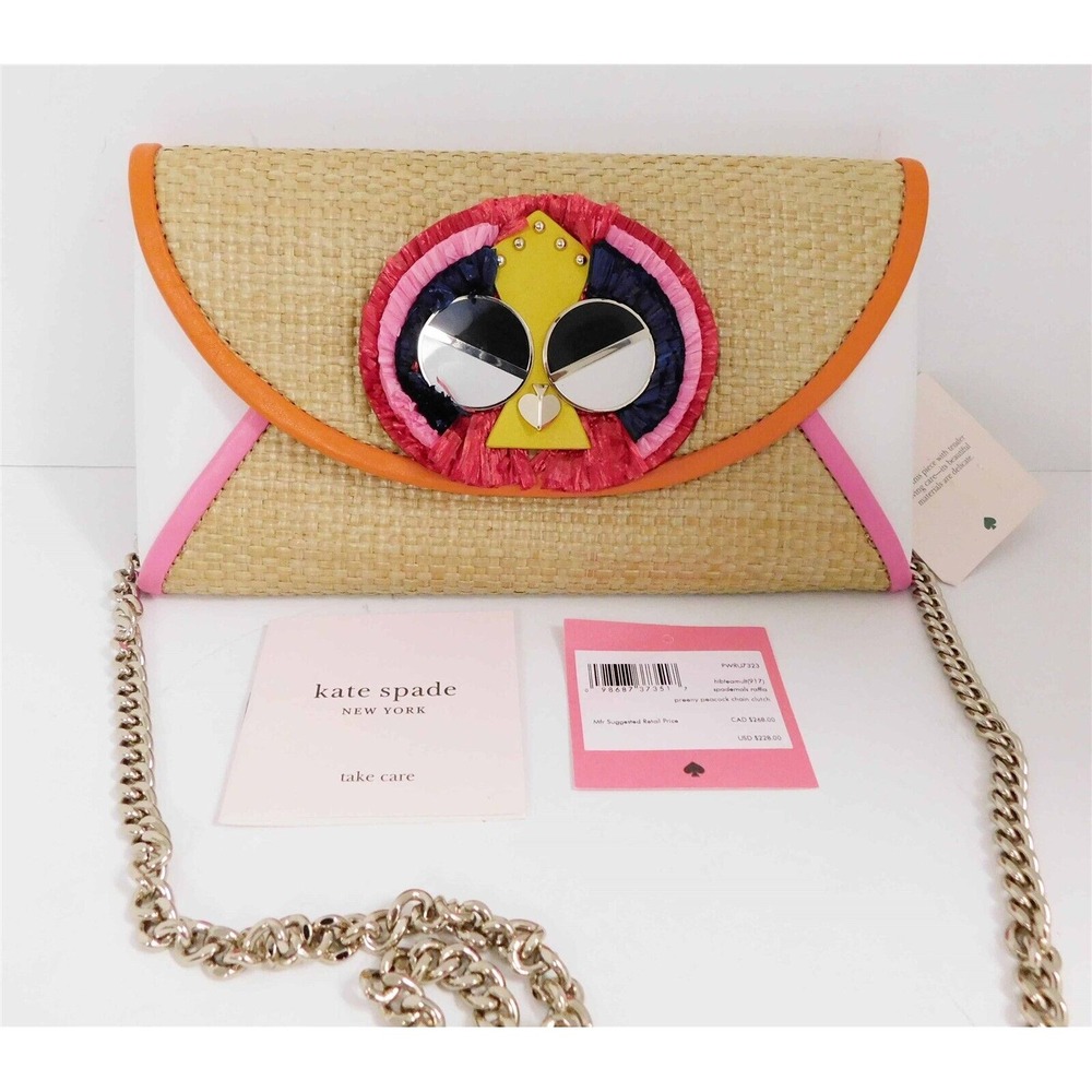 New Kate Spade Straw Leather Preeny Peacock Clutch Chain Crossbody Bag $228rt